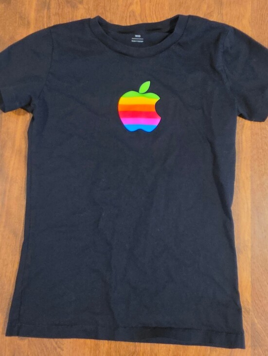 Apple Tops - Womens Apple Black T-Shirt with Rainbow